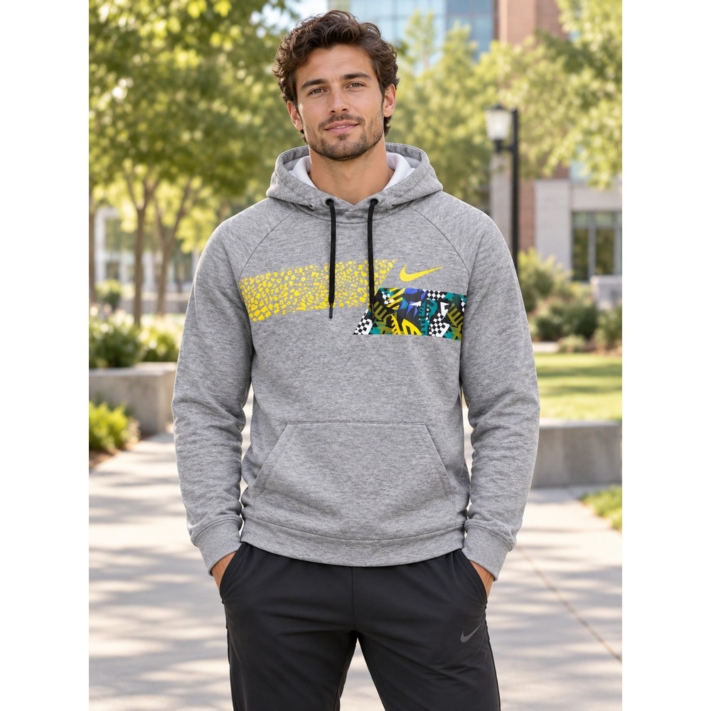 Nike Dri-Fit Mens XL Gray Swoosh Graphic Sweatshirt Pocket Casual Streetwear